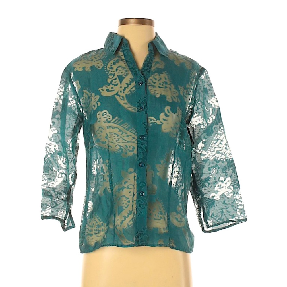 3/4 Sleeve Sheer Button-Down Shirt